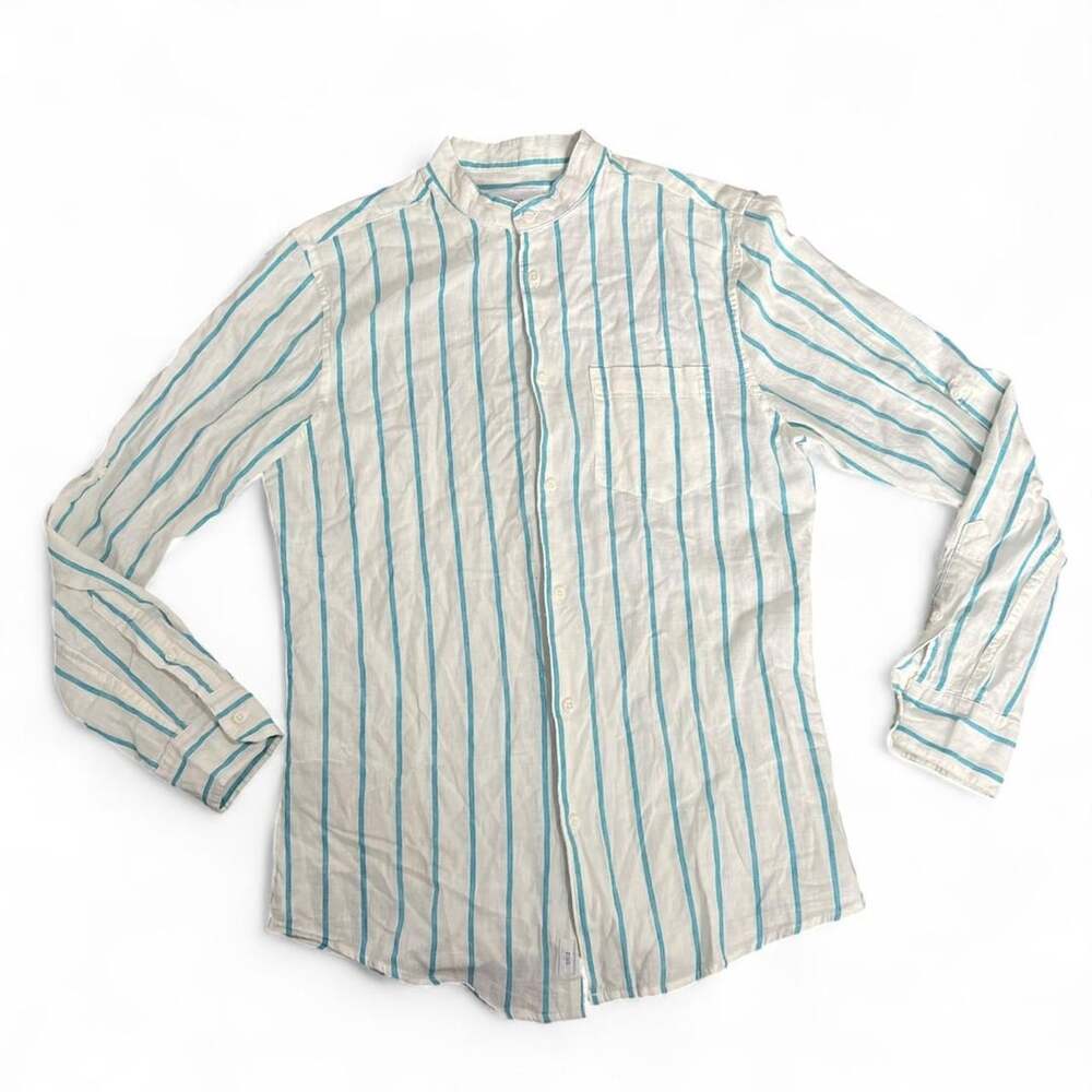 Onia Striped Band Collar Shirt Size S White Blue Linen Cotton Blend